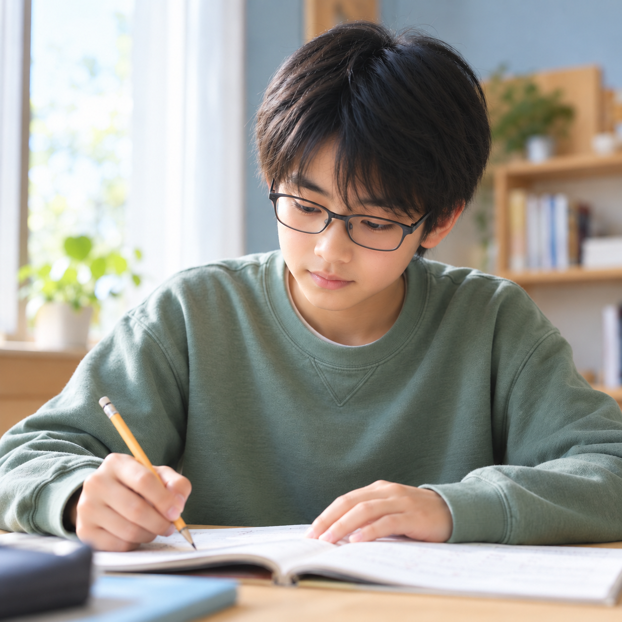 眼鏡の男の子が自分の課題に集中して考えるAI生成イメージ