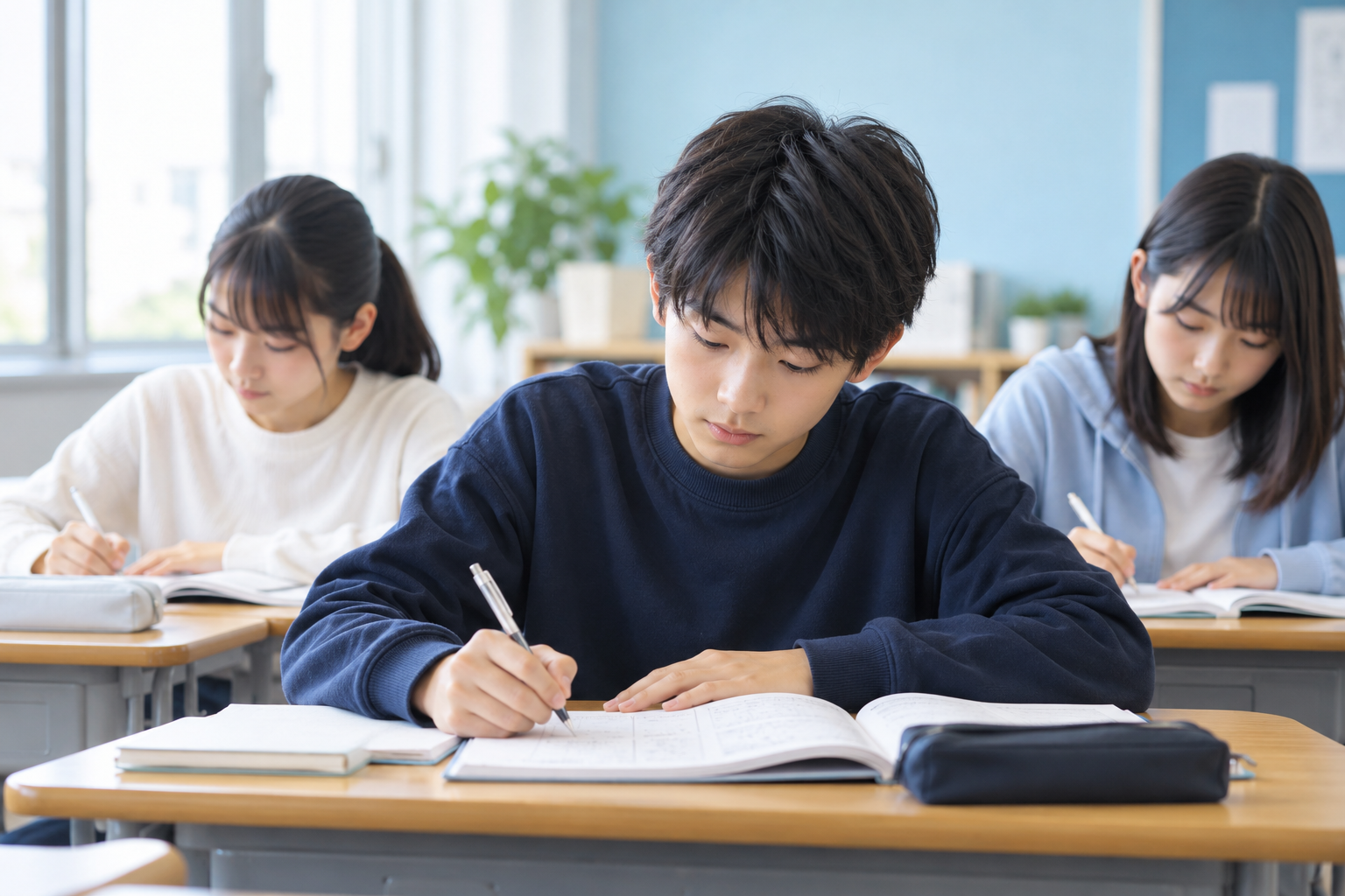 仲間とそれぞれの課題に集中する中学生のAI生成イメージ