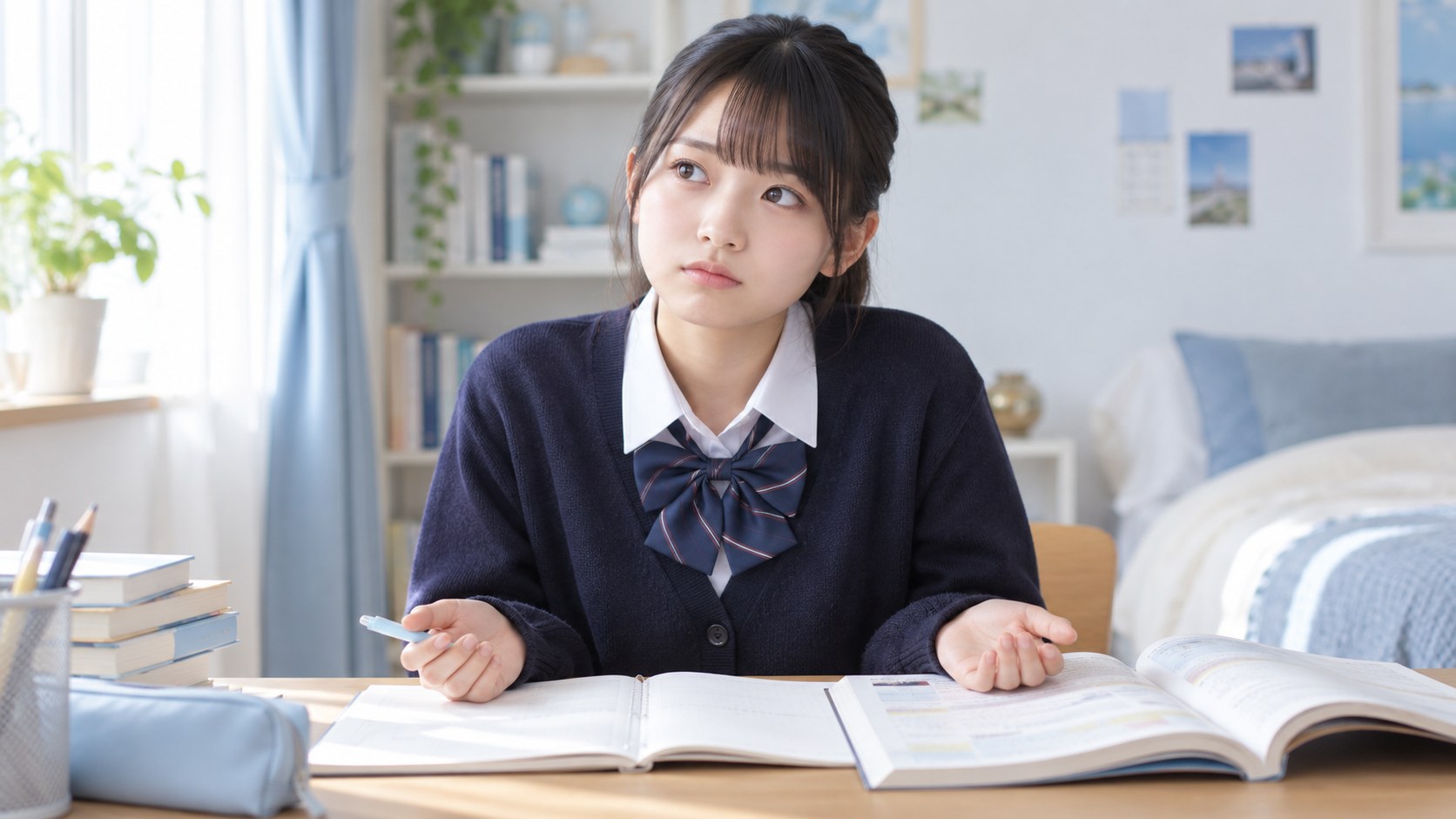 勉強の始め方に迷い、控えめに両手を広げる女子生徒
